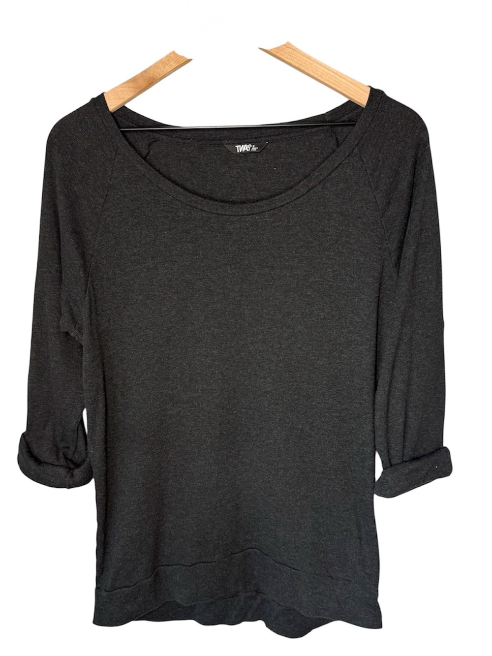 TNA Scoop Neck Raglan Rolled Sleeve Black Oversized Cotton Blend Pullover Sz S